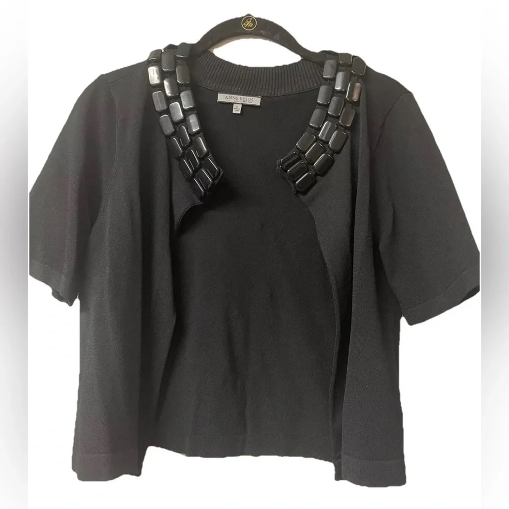 NWOT Anne Klein Short Sleeved Sweater Jacket Cardigan Black Size PS designer - Picture 3 of 9